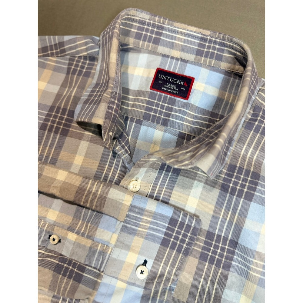 UNTUCKit Mens Large Blue Grey Plaid Long Sleeve 100% Cotton Button Down Shirt